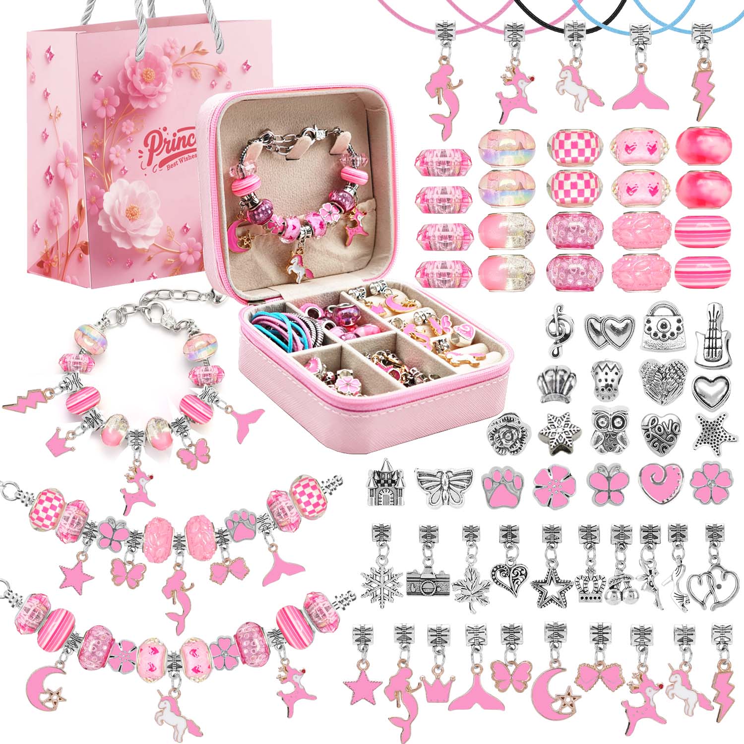 Resin Craft Projects - 68pcs pink beaded jewelry set, charm